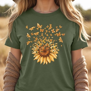 Sunflower Butterfly Shirt, Butterfly Tee, Mothers Day Gift Shirt, Sunflower Shirt, Floral Tshirt, Flowers Gift T-shirt,  Floral V-neck