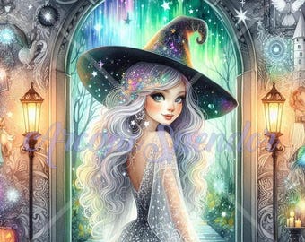 Schimmernde Hexe Digital Art Print, Schönes Wanddekor, Magisches Kunstwerk, Witchy Home Decor, Fantasy Poster, Fantasy Kunstwerk, Kommerziell