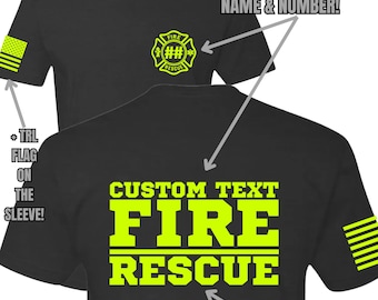 Custom Fire/Rescue Or Department Shirt with Flag on Sleeve + Custom Number in Maltese Cross on front! - Black Shirt w/ Yellow Lettering