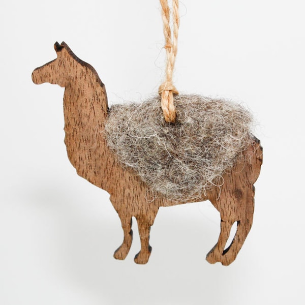 Llama Christmas Ornament - Laser Cut Wood with Needle Felted Wool Accent (Choose Walnut or Maple)