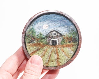 Mini Wool Landscape Painting, Needle Felted Fiber Art, Moonlit Barn (Round 3 inch Wood Frame)