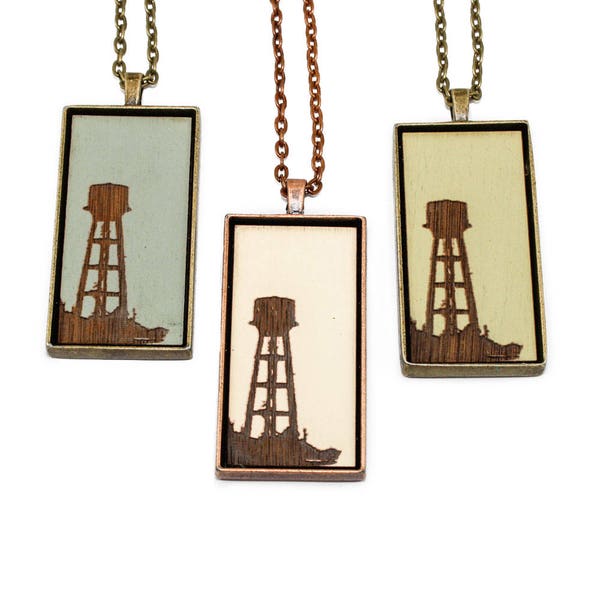 Water Tower Pendant - Engraved Wooden Cameo Necklace (Custom Made / Personalized) - Landmark Jewelry Made in the USA