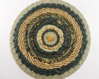 Circular Weaving, Round Fiber Art, Olive (9 inches)