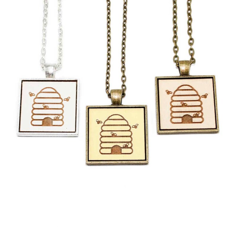 Beehive Pendant Necklace Laser Engraved Wooden Cameo Custom Made Any Color Bee Keeper Gift