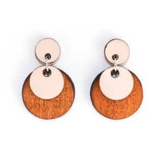 Wood and Leather Dangle Earrings, Moondrop Style (Pale Pink / Lacewood)