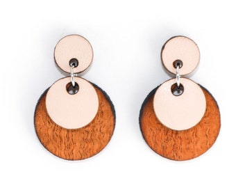 Wood and Leather Dangle Earrings, Moondrop Style (Pale Pink / Lacewood)