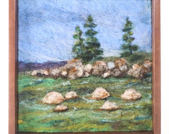 Needle Felted Wool Landscape Painting, Rocky Inlet (8x8)