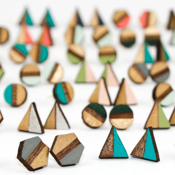 Geometric Stud Earrings, Hexagon, Round, or Triangle, Two-Tone Laser Cut Wood (Choose Your Color)