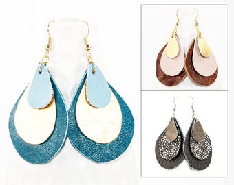 Leather Earrings - 3 Layer Teardrop (Choose Your Color / Custom Made Earrings) Gifts for Her