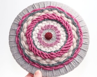 Circular Weaving, Round Fiber Art, Plum (8 inches)