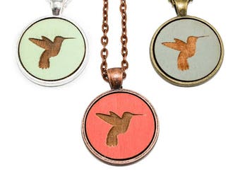 Hummingbird Pendant - Laser Engraved Wood Necklace (Choose Your Color / Made to Order) - Gifts for Her