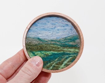 Mini Wool Landscape Painting, Needle Felted Fiber Art, Emerald Isle #8 (3 inch Wood Frame)