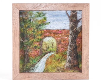 Needle Felted Wool Landscape Painting, The Old Arch Bridge (8x8)