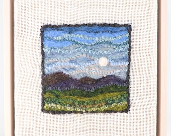 Mixed Media Fiber Art Landscape, Mountain Moon Number 5 (9x9) Rug Hooking, Punching, Needle Felting