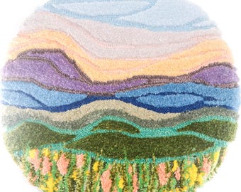 Round Tufted Wool Landscape, Fiber Art Wall Hanging, Mountains and Marshes (19 inch diameter)