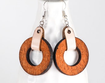 Wood and Leather Dangle Earrings, Ozone Style (Pale Pink / Lacewood)
