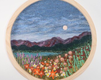 Round Wool Landscape Fiber Art Painting, Circlescape, Mountain Wildflowers (15 inch diameter)