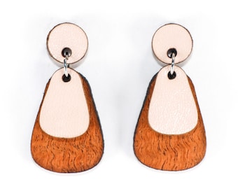 Wood and Leather Dangle Earrings, Dewdrop Style (Pale Pink / Lacewood)