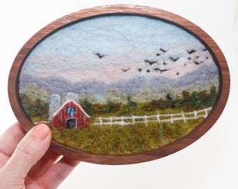 Pintura de paisaje en lana, arte en fibra de fieltro con aguja, escena de colcha de granero rojo (5x7)