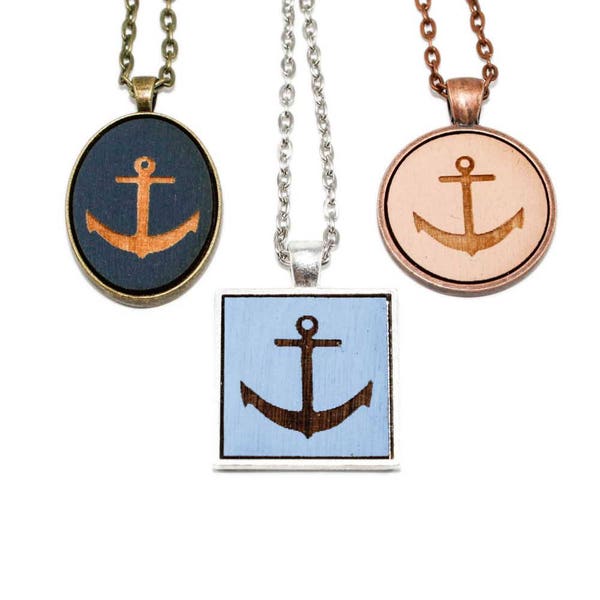 Anchor Necklace - Laser Engraved Wooden Cameo (Custom Made / Design Your Own - Any Color) Nautical Jewelry Made in the USA