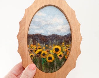Pintura de paisajes en lana, arte en fibra de fieltro con aguja, girasoles