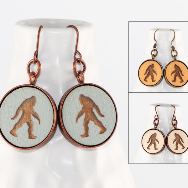 Bigfoot Earrings - Laser Engraved Wood - Sasquatch Jewelry (Custom Made - Choose Your Color)