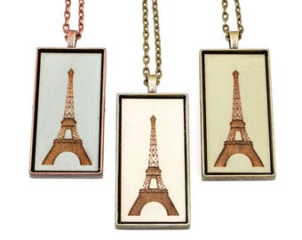 Eiffel Tower Pendant - Engraved Wooden Cameo Necklace Featuring Paris France Landmark (Custom Made / Personalized) - Gifts for Travelers