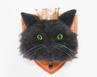 Needle Felted Black Cat Portrait with Crown, Animal Kingdom Collection