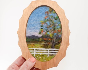 Pintura de paisajes en lana, arte en fibra de fieltro con aguja, granja de Vermont