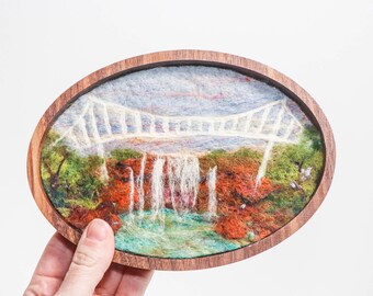 Oval Wool Landscape Painting, Needle Felted Fiber Art, Liberty Bridge (7 inch Wood Frame)