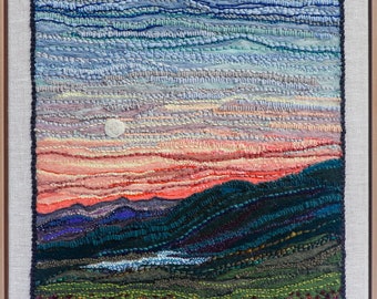 Mixed Media Fiber Art Landscape, Moonrise Textures (25"x30") Rug Hooking, Punching, Needle Felting