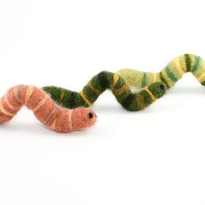Pu&ograve; includere: Tre giocattoli a forma di verme in feltro di diversi colori. Il primo verme &egrave; arancione e marrone, il secondo &egrave; verde e giallo, e il terzo &egrave; verde e giallo.