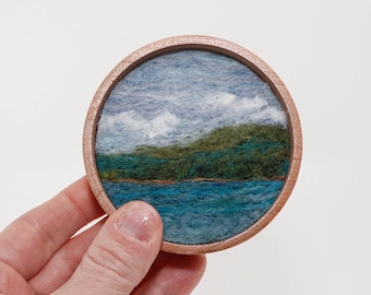 Mini Wool Landscape Painting, Needle Felted Fiber Art, Emerald Isle #7 (3 inch Wood Frame)