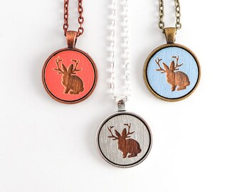 Jackalope Necklace, Laser Engraved Wooden Pendant (Custom Made, Any Color)