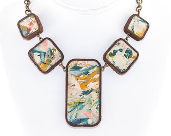 Abstract Painted Wood Statement Necklace, Studio Graffiti Collection, Palette Knife Edition (Greens)