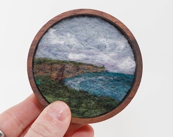 Mini Wool Landscape Painting, Needle Felted Fiber Art, Emerald Isle #13 (3 inch Wood Frame)