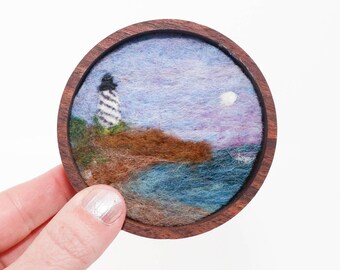 Mini Wool Landscape Painting, Needle Felted Fiber Art, Lighthouse Moon 3x3