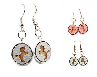 Unicorn Dangle Earrings - Laser Engraved Wood Jewelry Featuring Mythological Creatures (Choose Your Color)