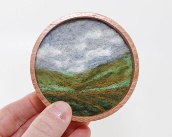 Mini Wool Landscape Painting, Needle Felted Fiber Art, Emerald Isle #10 (3 inch Wood Frame)