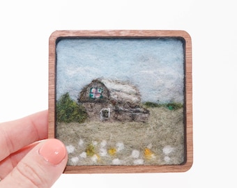 Mini cuadro de paisaje en lana, arte en fibra de fieltro con aguja, colcha gris estilo granero (marco de madera)