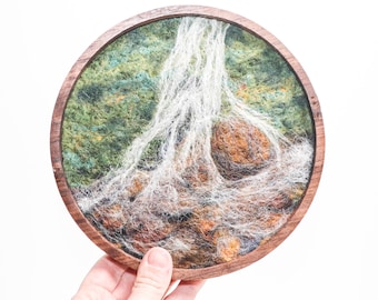 Round Wool Landscape Painting, Needle Felted Fiber Art, Secret Waterfall (7 inch Wood Frame)