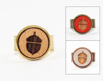 Acorn Ring - Laser Cut Engraved Wood in Adjustable Setting (Choose Your Color / Made To Order)