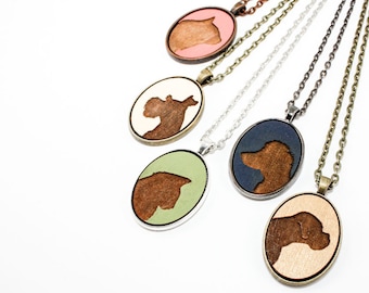 Pet Portrait Pendant, Custom Animal Silhouette Laser Engraved in Wood Cameo Necklace, Mother's Day Gift Idea (Choose Your Color)