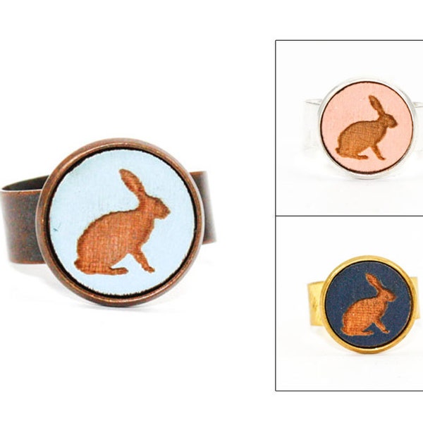 Rabbit Ring - Laser Cut - Engraved Wood in Adjustable Setting (Choose Your Color / Made To Order)