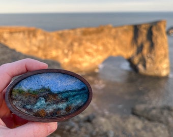 Mini Wool Landscape Painting, Needle Felted Fiber Art, Dyrholaey Arch in Iceland (2x3 Inch Oval Wood Frame)