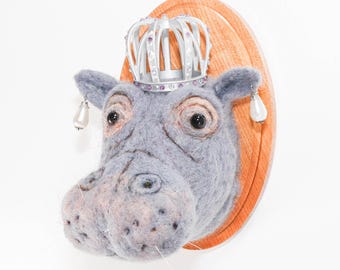 Needle Felted Hippopotamus Portrait with Crown, Animal Kingdom Collection