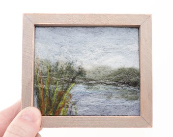 Mini Wool Landscape Painting, Needle Felted Fiber Art, Winter Marsh (3x4 Frame)