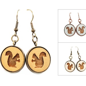 Squirrel Earrings - Laser Engraved Wood Animal Jewelry (Choose Your Color)