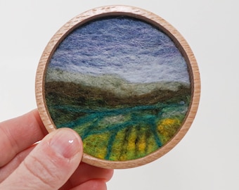 Mini Wool Landscape Painting, Needle Felted Fiber Art, Emerald Isle #11 (3 inch Wood Frame)