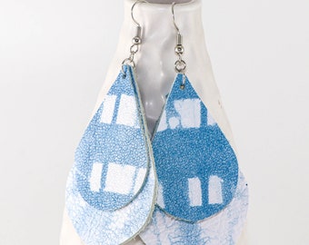 Shibori Dyed Leather Teardrop Earrings (Indigo Blue)